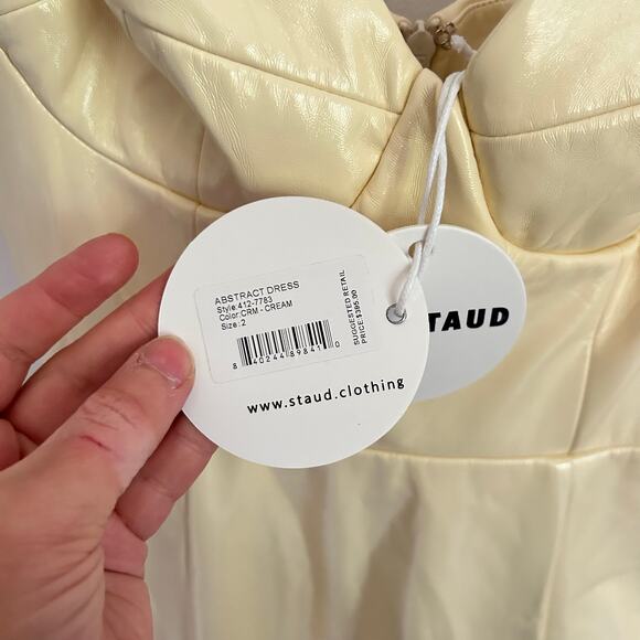 NEW Staud Faux Leather Abstract Fit Flare Midi Dress Cream Size 2 - Picture 8 of 8
